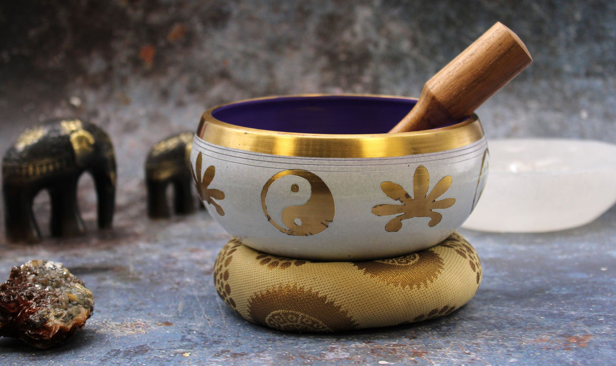 * Grand coffret de bol chantant Yin et Yang blanc et violet, 14 cm