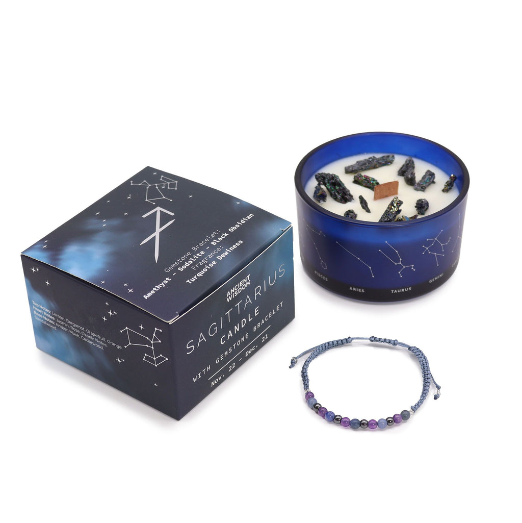 * Bougie Cristal Zodiaque avec Bracelet en Pierres Précieuses – Sagittaire