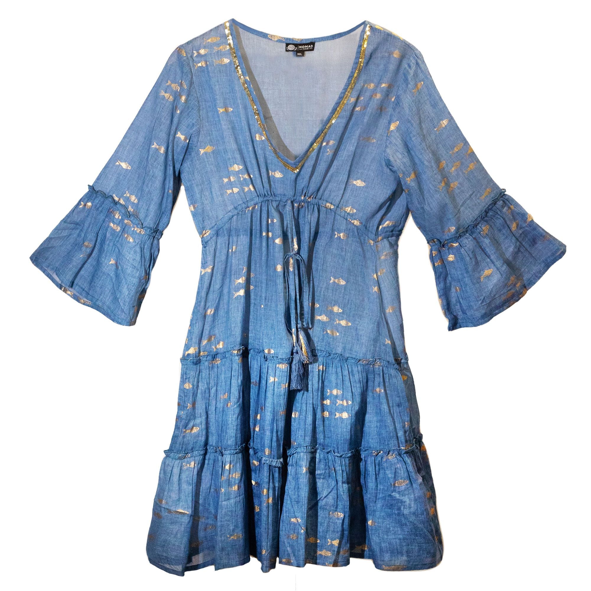 Robe Femme Bleu Mer & Poisson Doré – Collection Nomad Sari Méditerranée (L/XL)