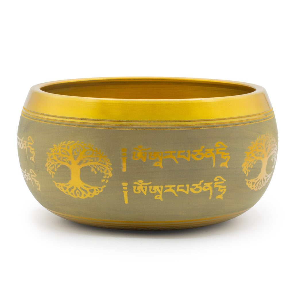 * Grand bol chantant en aluminium – Bouddha et Arbre de vie – Couleur cuivre (19 cm)