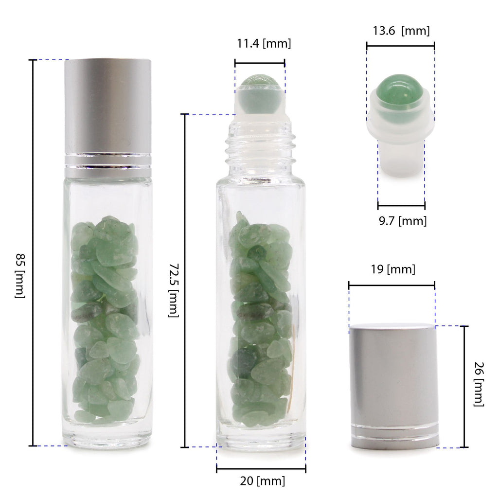Flacon roll-on 5 ml en améthyste avec bouchon argenté et bille en pierre d’améthyste