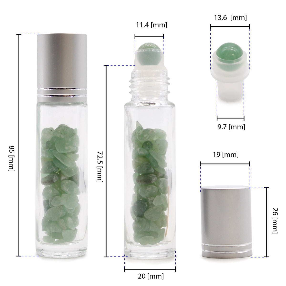 Flacon roll-on 5 ml en améthyste avec bouchon argenté et bille en pierre d’améthyste