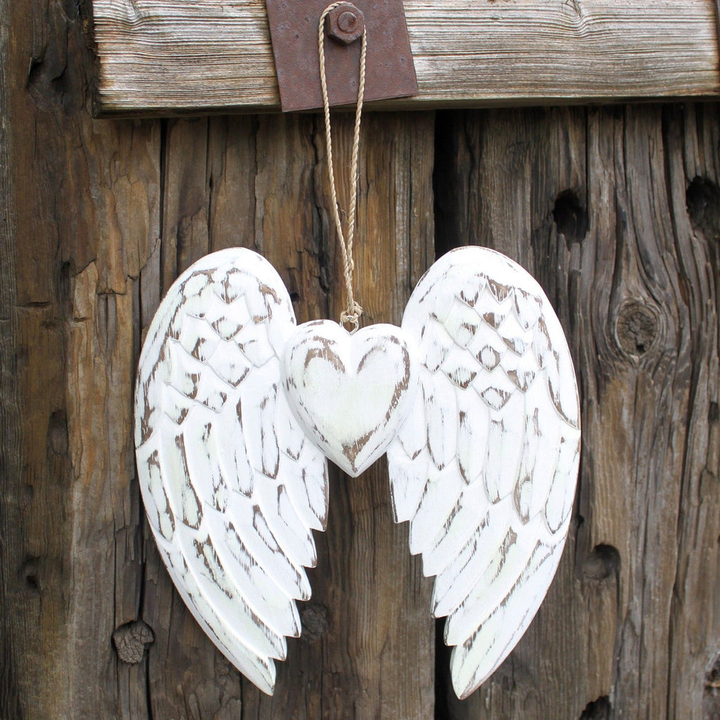 Doubles ailes d’ange et cœur sculptés à la main – 24 cm