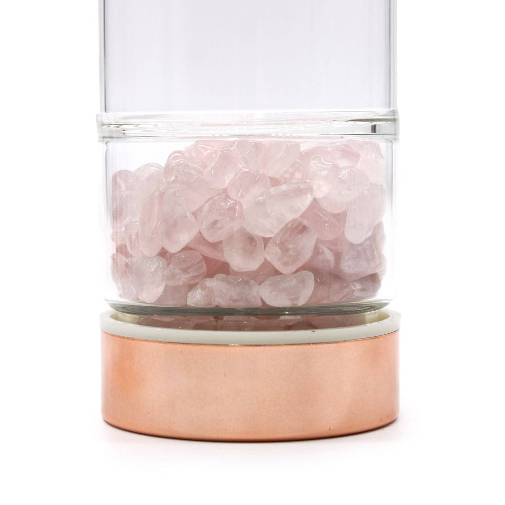 Bouteille infuseur à thé en verre avec quartz rose, finition or rose