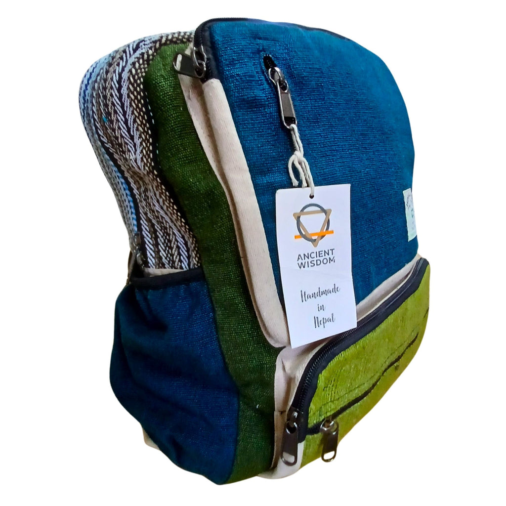 Grand Sac à Dos Structuré en Chanvre – Bleu Canard & Sauge | Artisanal Népal