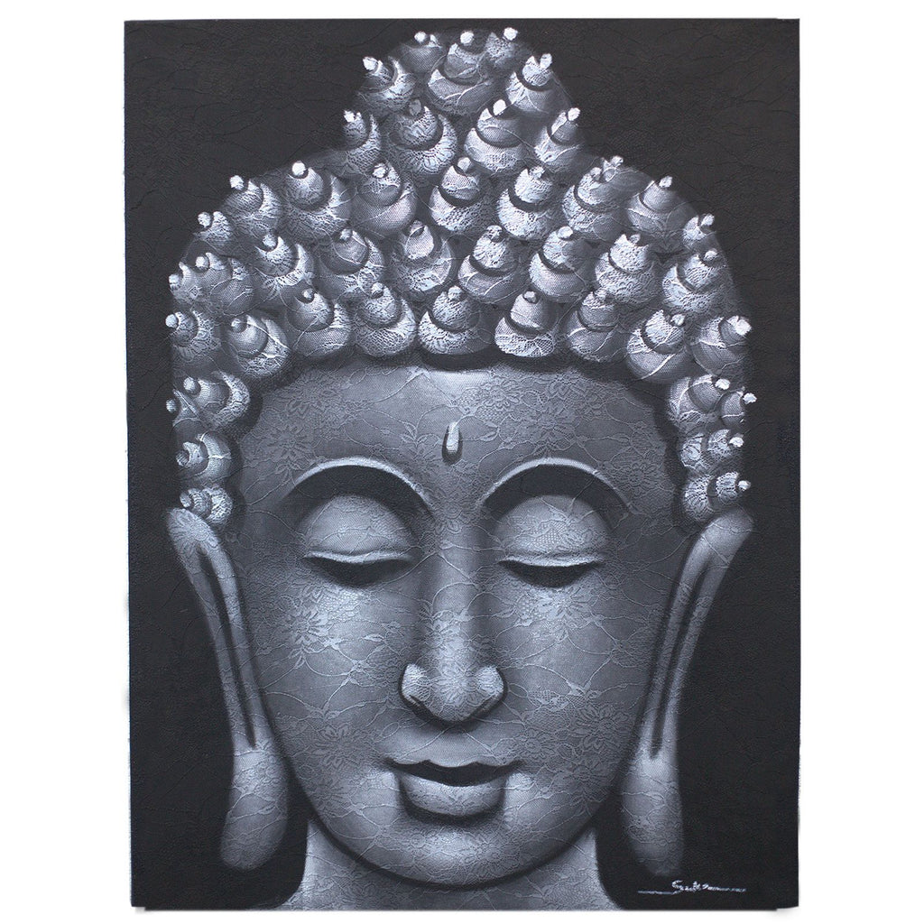 * Tableau Bouddha gris avec détails de brocart, 60 × 80 cm