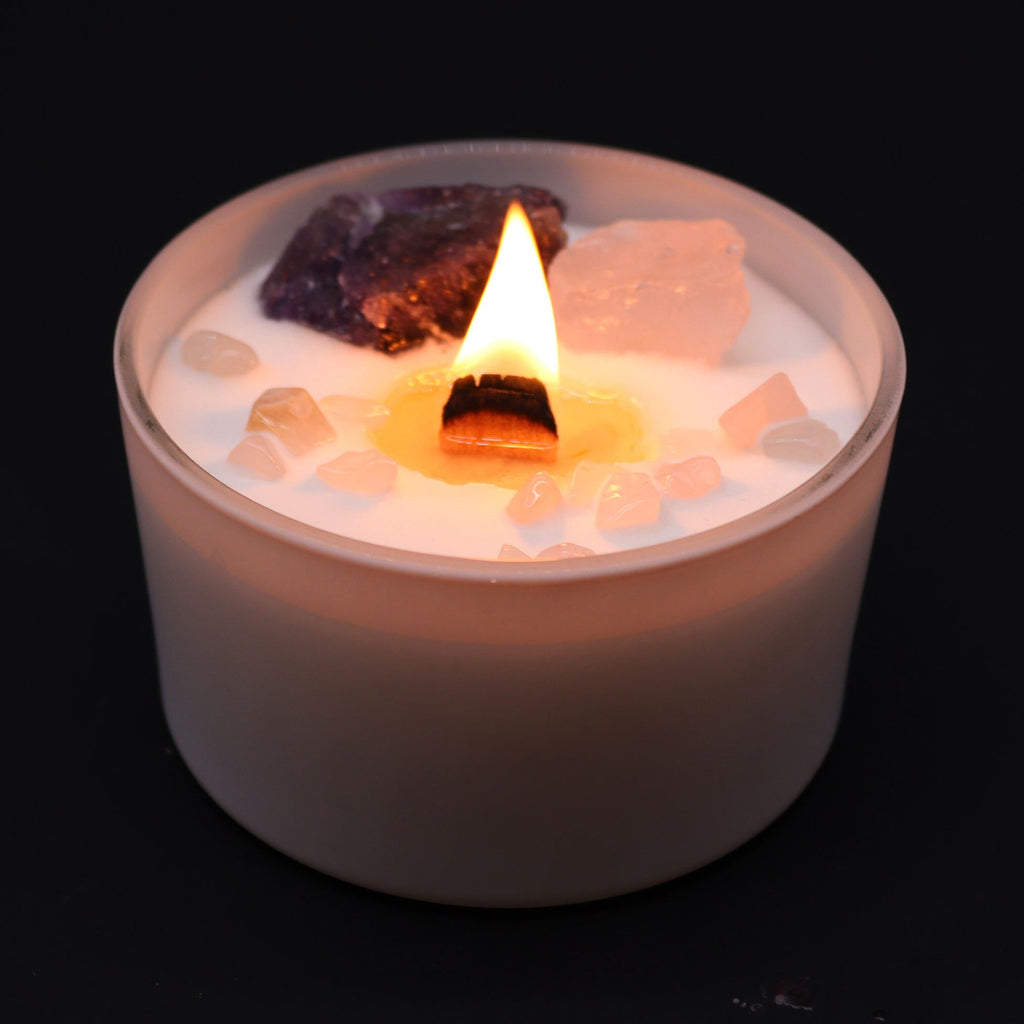 Bougie Cristal Chakra du Troisième Œil – Améthyste & Quartz Rose