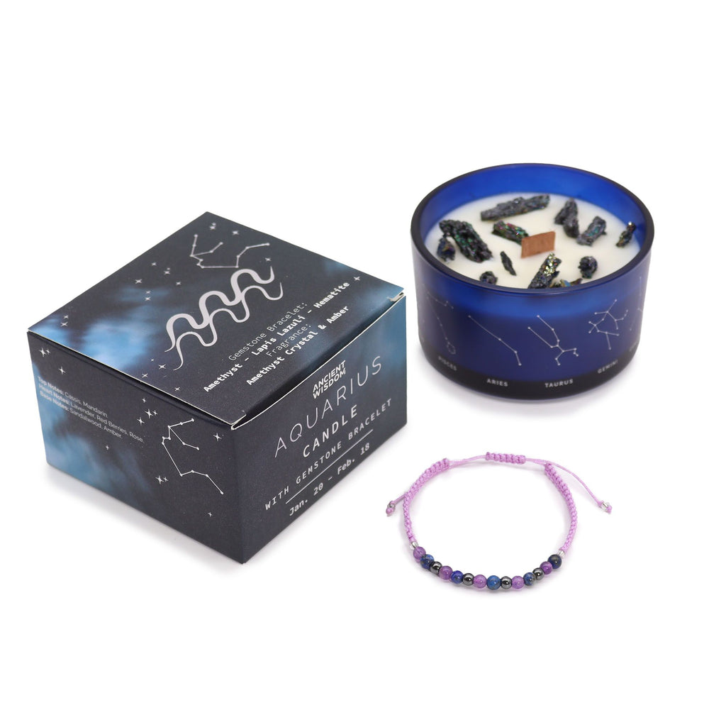 * Bougie Cristal Zodiaque avec Bracelet en Pierres Précieuses – Verseau