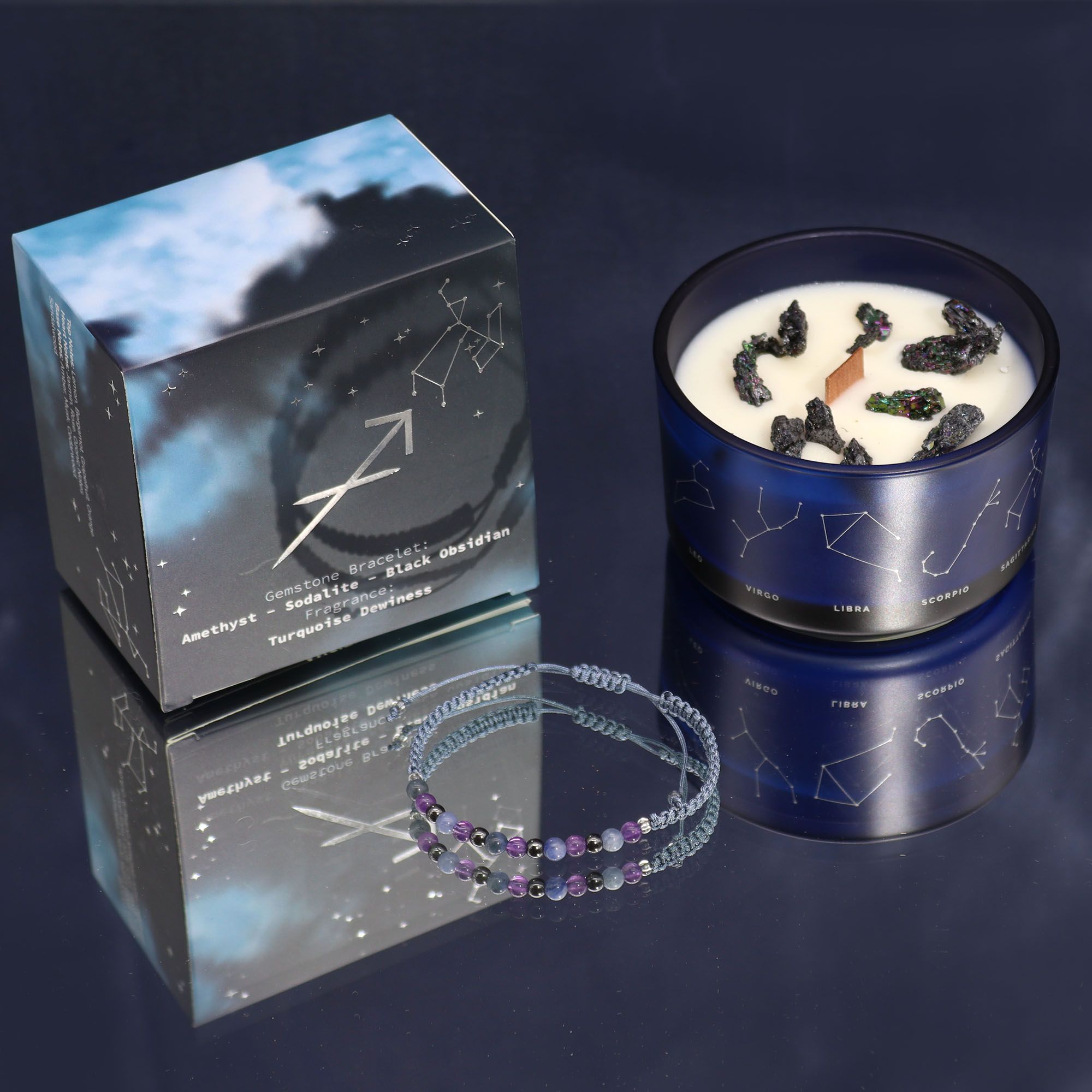 * Bougie Cristal Zodiaque avec Bracelet en Pierres Précieuses – Sagittaire