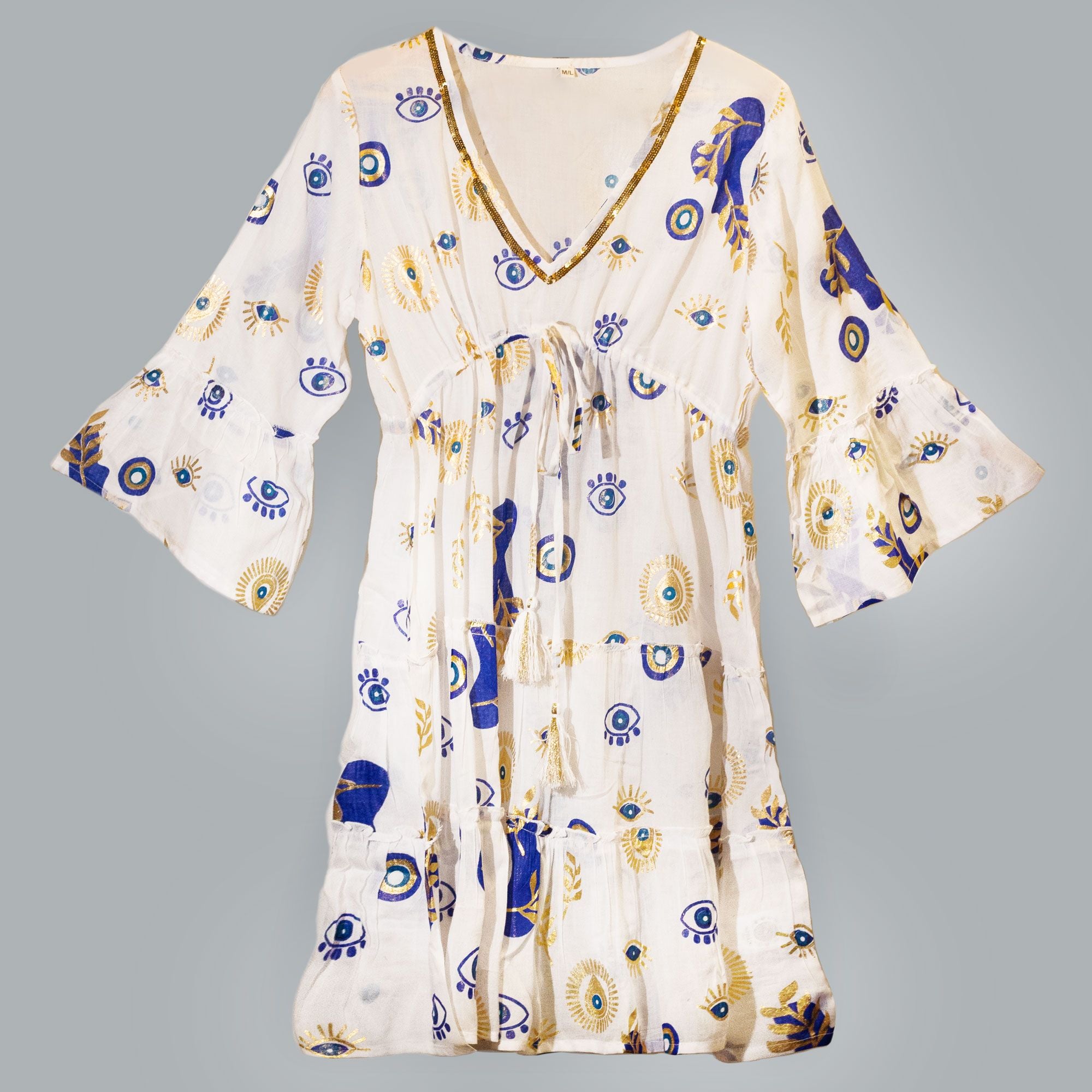 Robe Femme Mauvais Œil Blanc, Bleu & Or – Col V Doré & Jupe À Volants | Collection Nomad Sari Méditerranée (M/L)