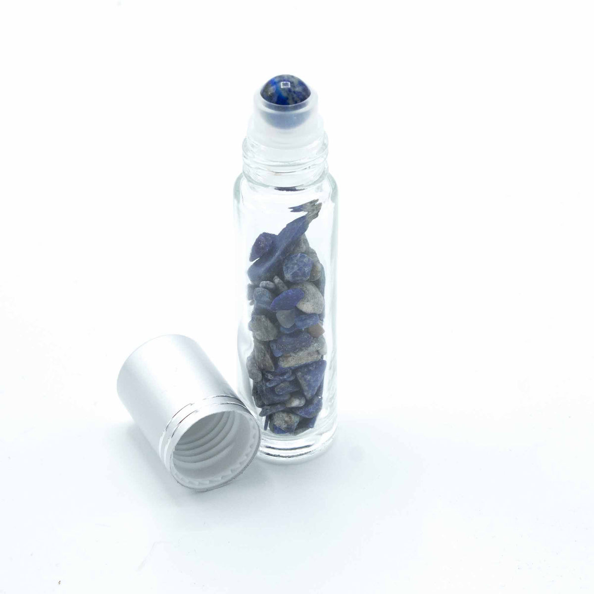 * Flacon roll-on pour huiles essentielles en sodalite – 5 ml, bouchon argenté et bille en sodalite
