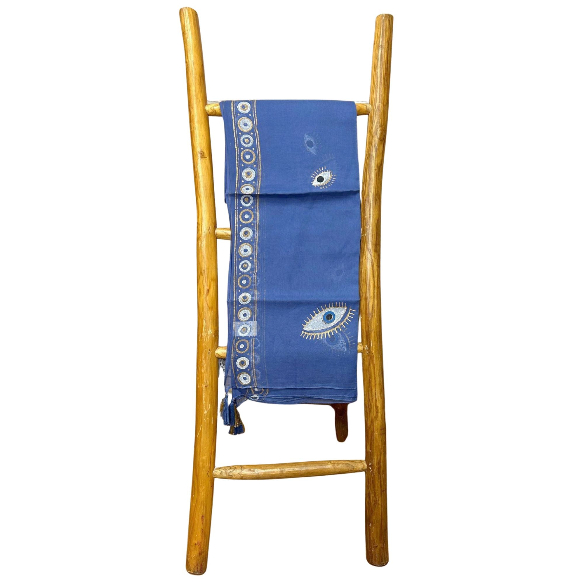 Paréo Femme Bleu Roi & Mauvais Œil Doré Peint à la Main – Collection Nomad Sari Méditerranée