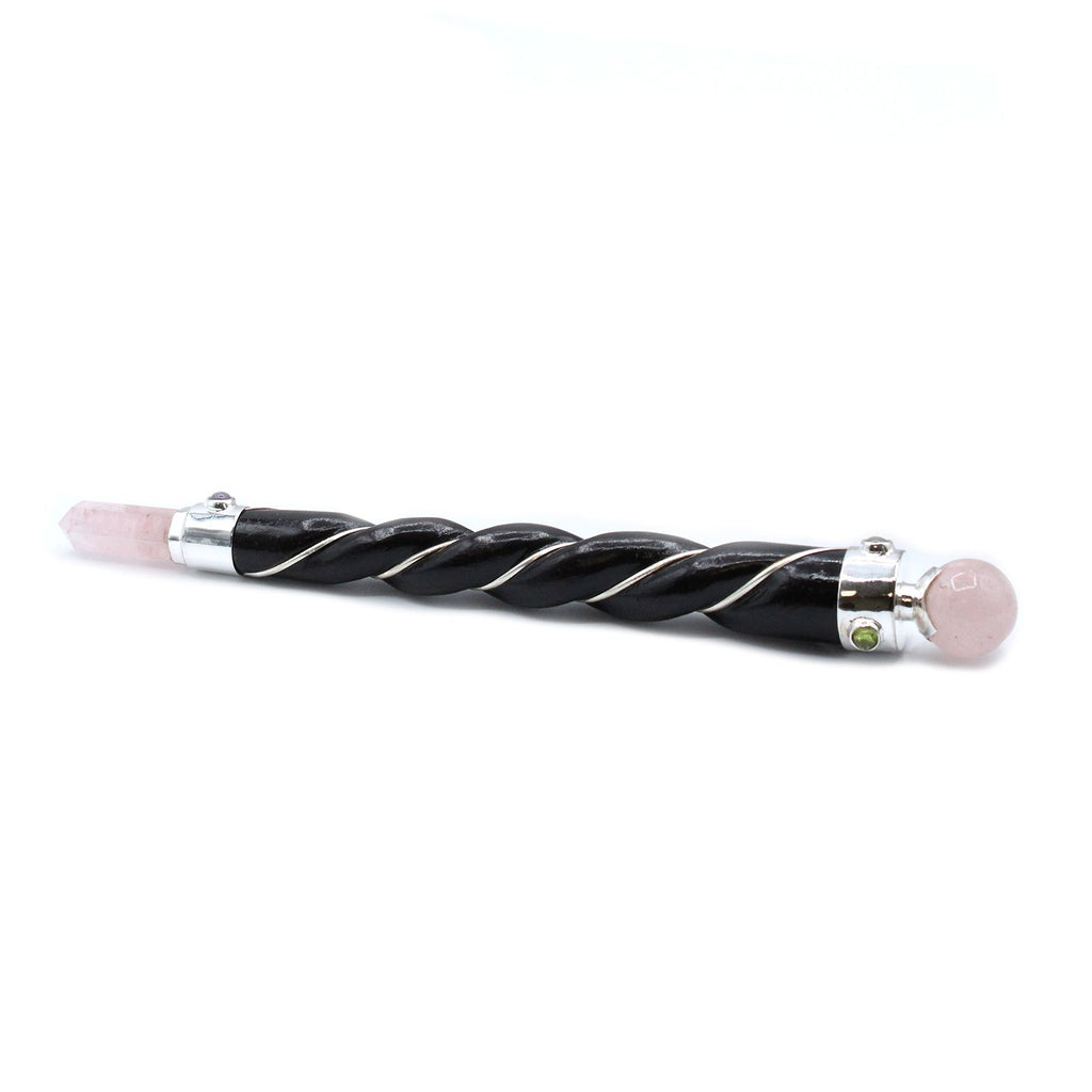 Baguette torsadée argentée avec sphère en quartz rose