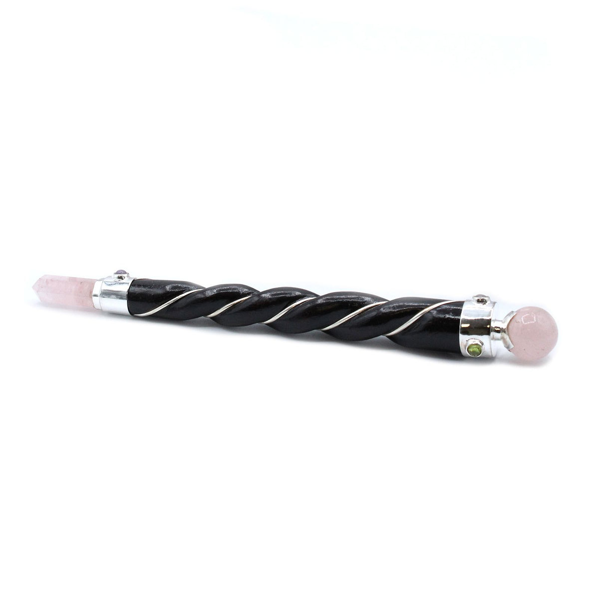 Baguette torsadée argentée avec sphère en quartz rose