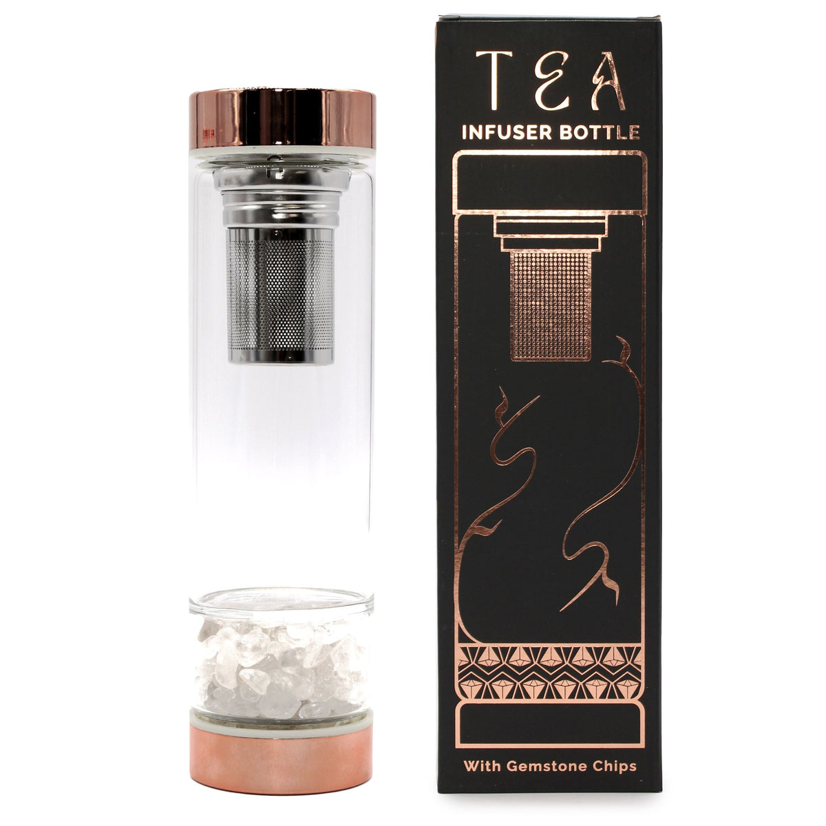 * Bouteille en verre avec infuseur à thé – Or rose – Cristal de roche
