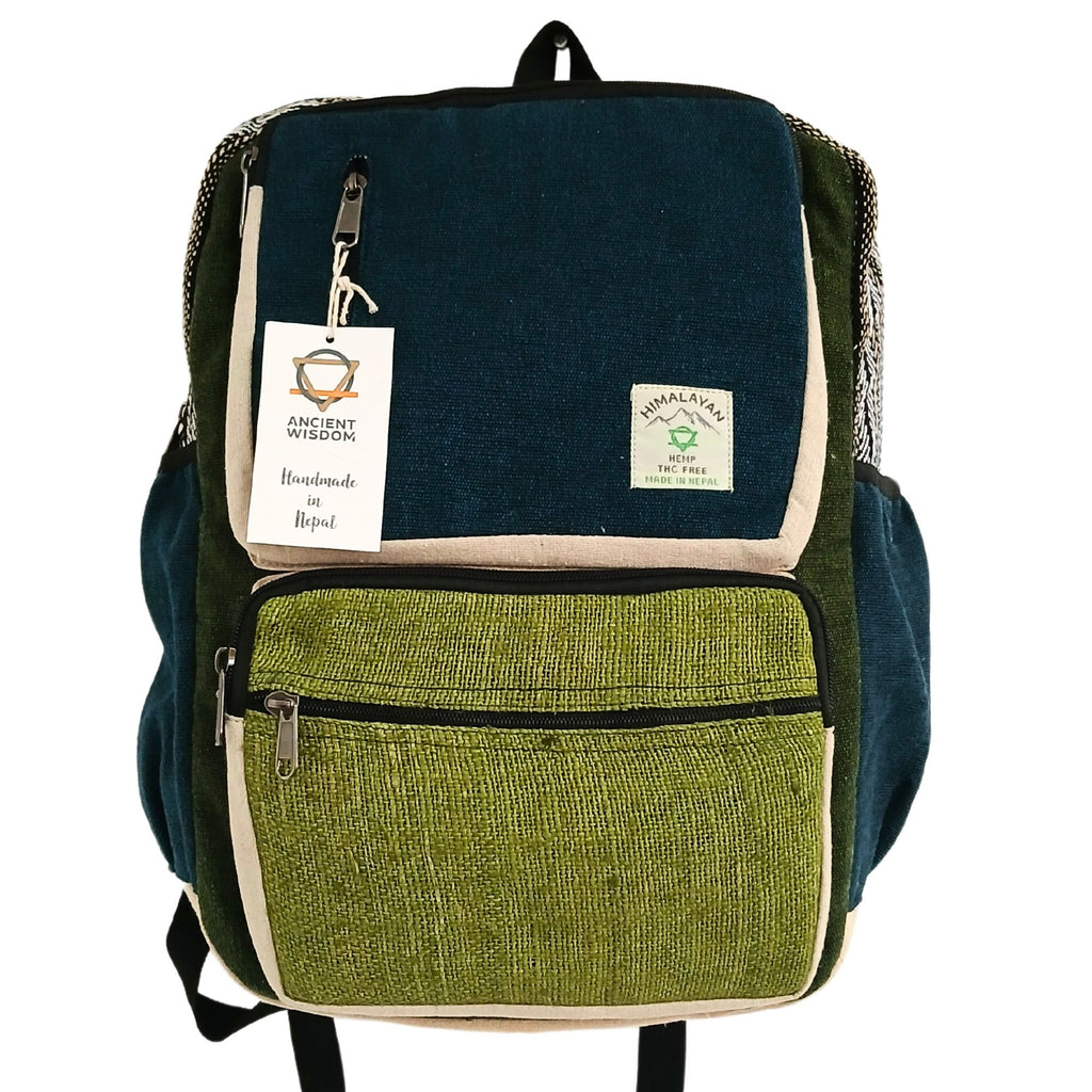 Grand Sac à Dos Structuré en Chanvre – Bleu Canard & Sauge | Artisanal Népal