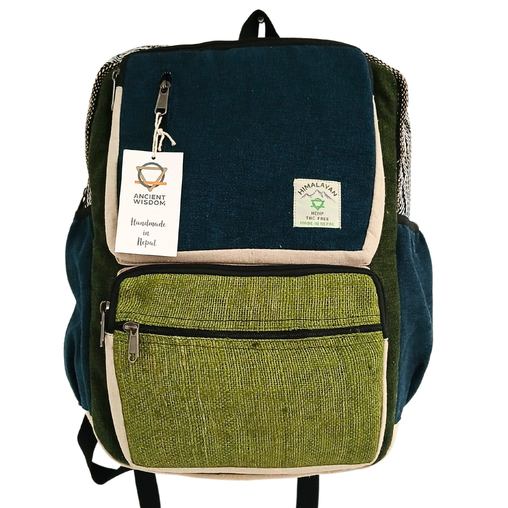 Grand Sac à Dos Structuré en Chanvre – Bleu Canard & Sauge | Artisanal Népal