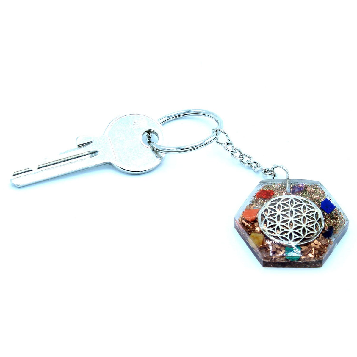 * Porte-clés en orgonite – Octogone et Fleur de vie