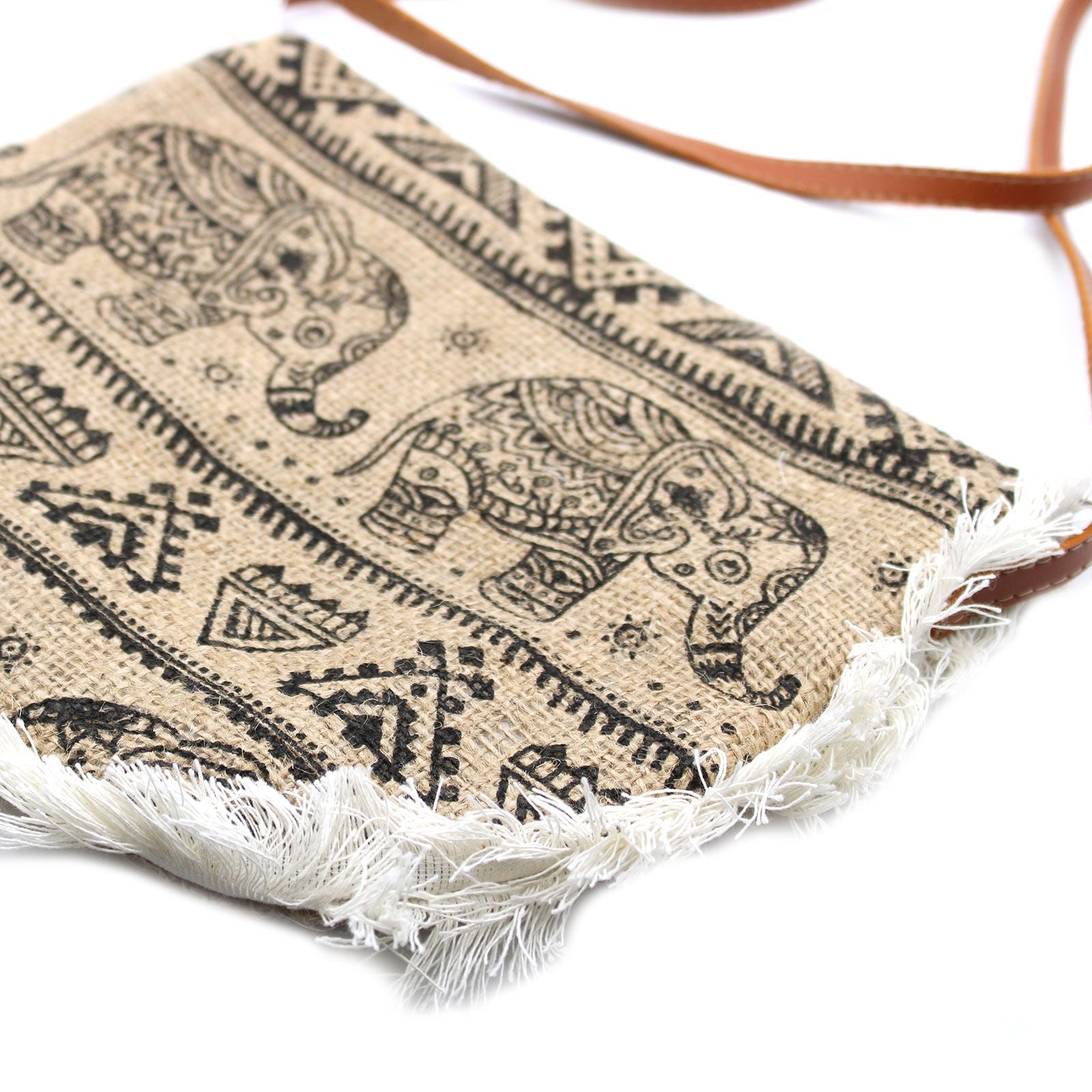 Fab Fringe Bag – Elephant Print | Sac en Jute Brodé à la Main | Style Bohème & Naturel