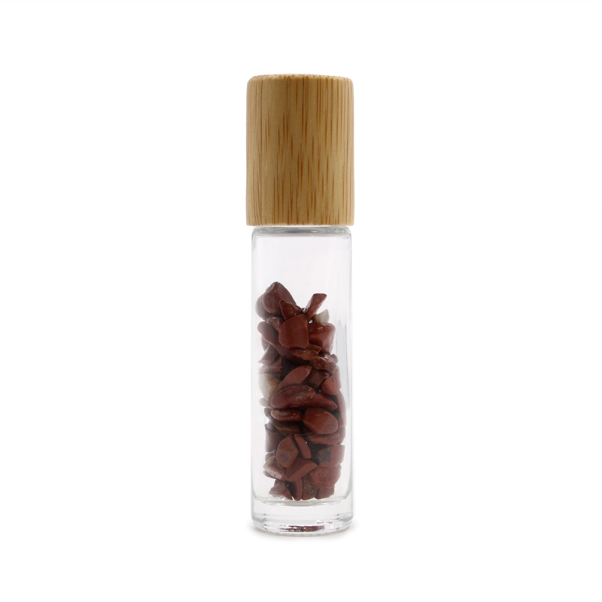 * Flacon roll-on pour huiles essentielles en jaspe rouge – 5 ml, bouchon en bois et bille en jaspe rouge