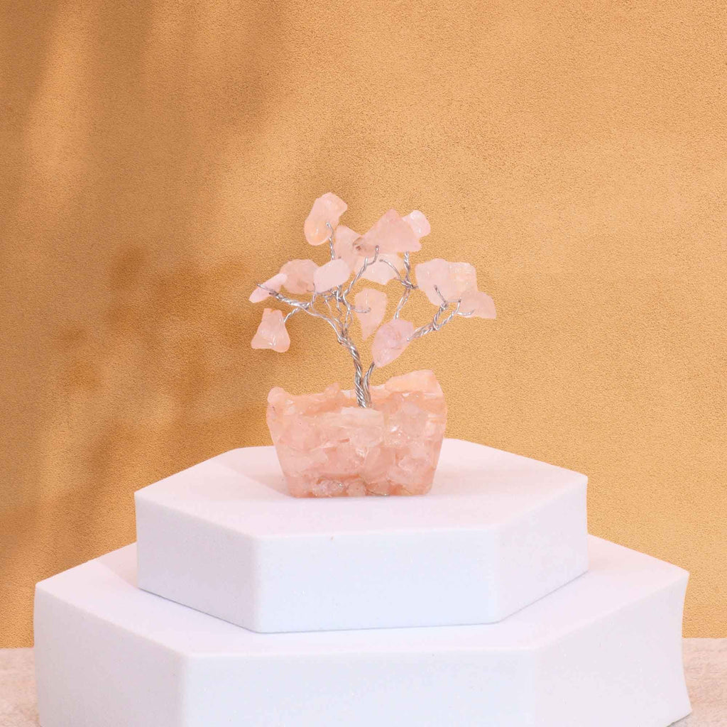 Mini Arbres en Pierres Précieuses sur Base d'Orgonite – Quartz Rose (15 pierres)