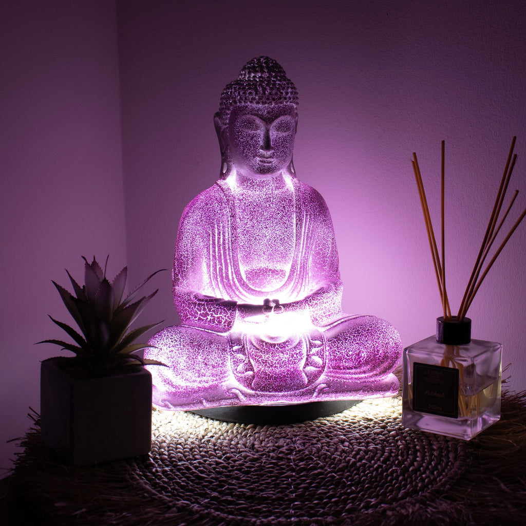 * Lampe Bouddha en méditation – Finition lavande craquelée et socle ovale