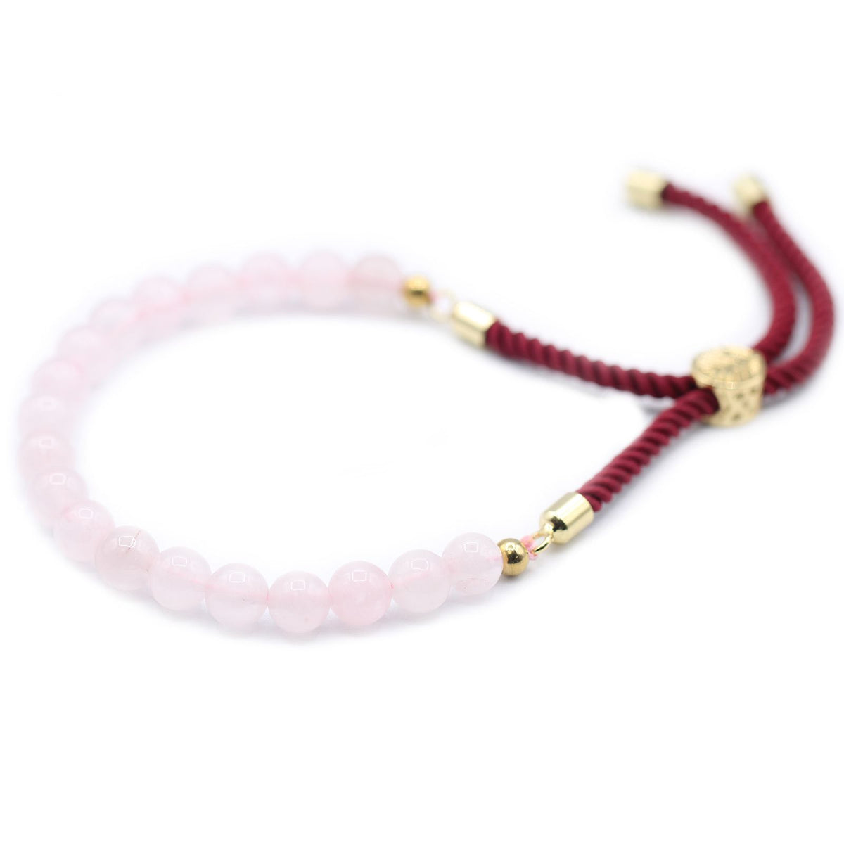 Bracelet cordon bordeaux en quartz rose, fermoir plaqué or 18 carats