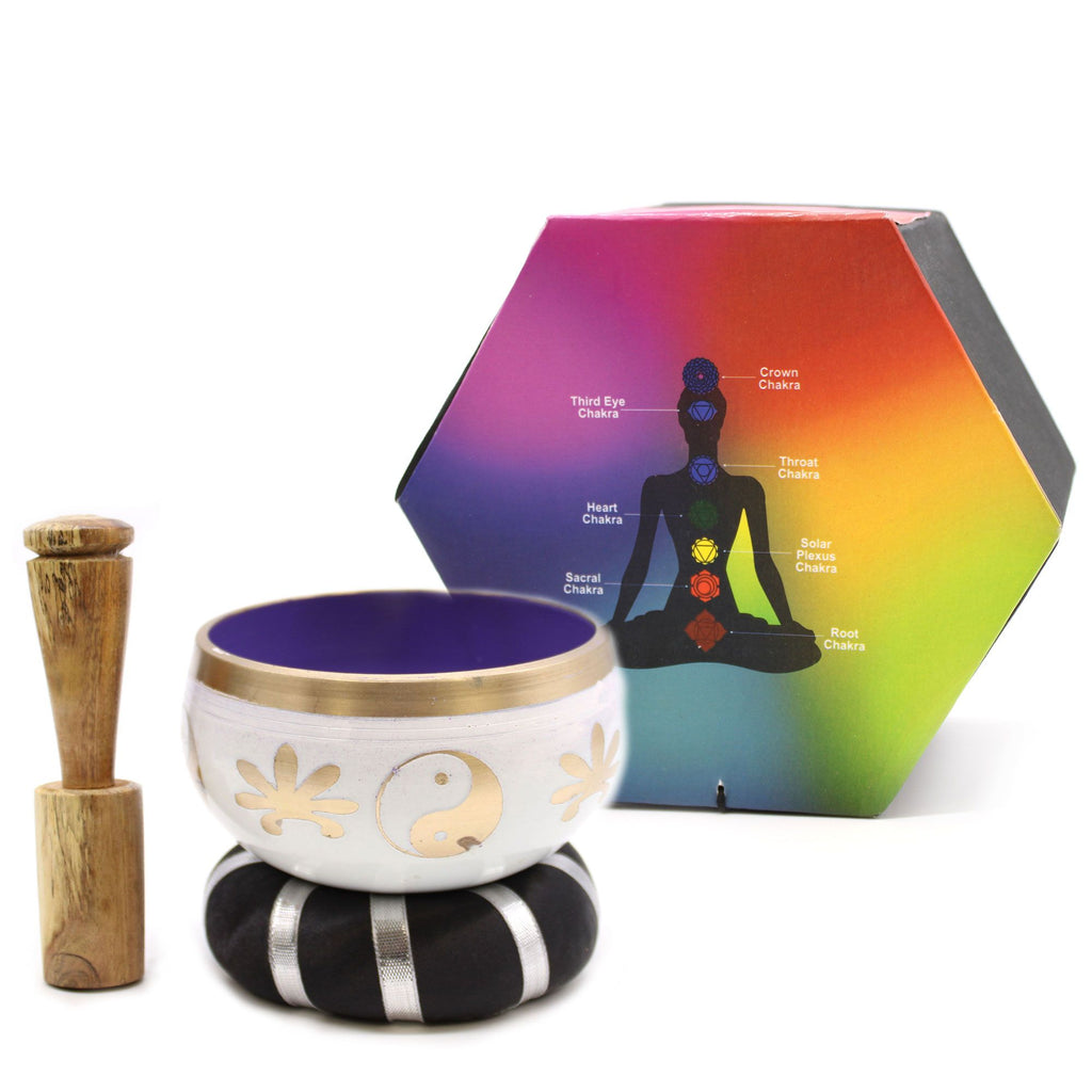 * Coffret de bol chantant Yin et Yang blanc et violet, 10,7 cm