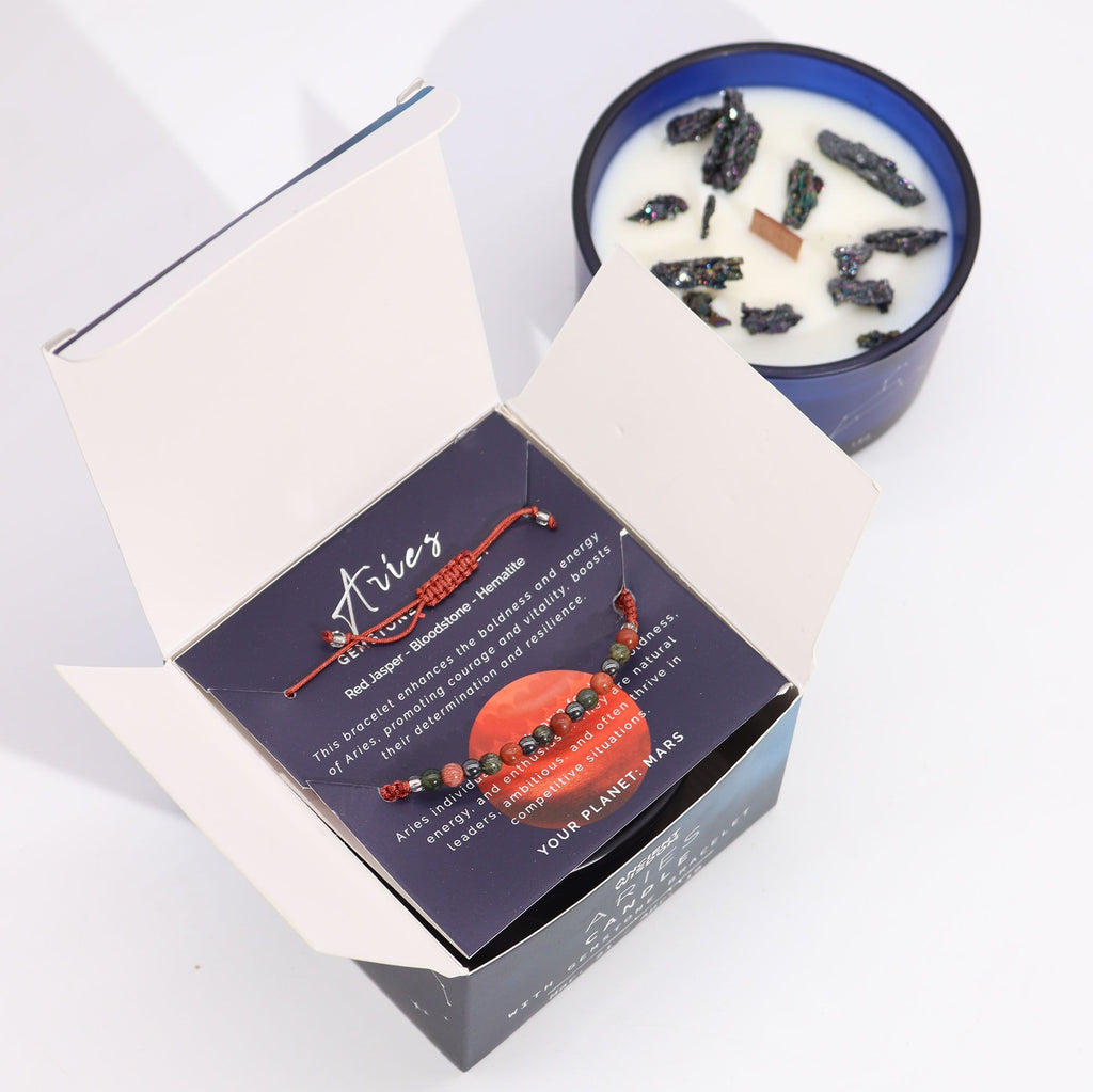 * Bougie Cristal Zodiaque avec Bracelet en Pierres Précieuses – Bélier