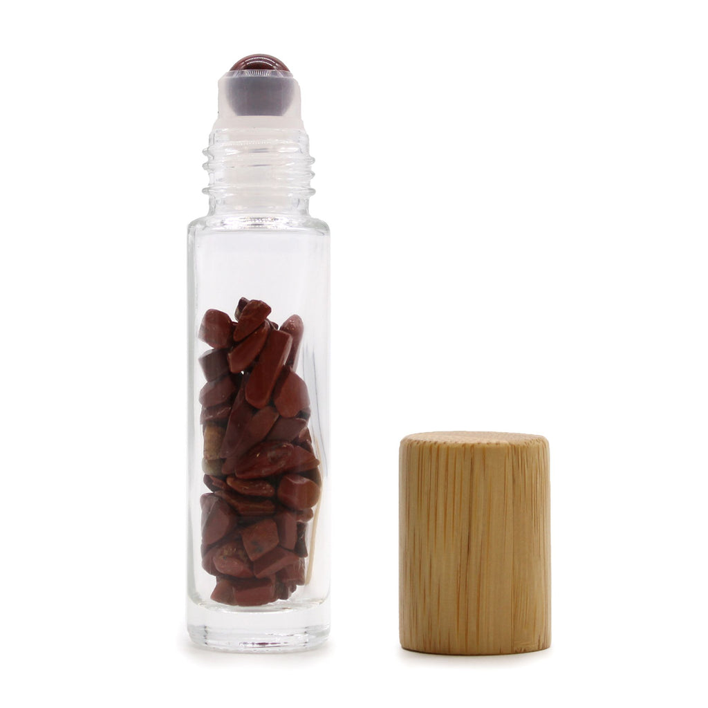 * Flacon roll-on pour huiles essentielles en jaspe rouge – 5 ml, bouchon en bois et bille en jaspe rouge
