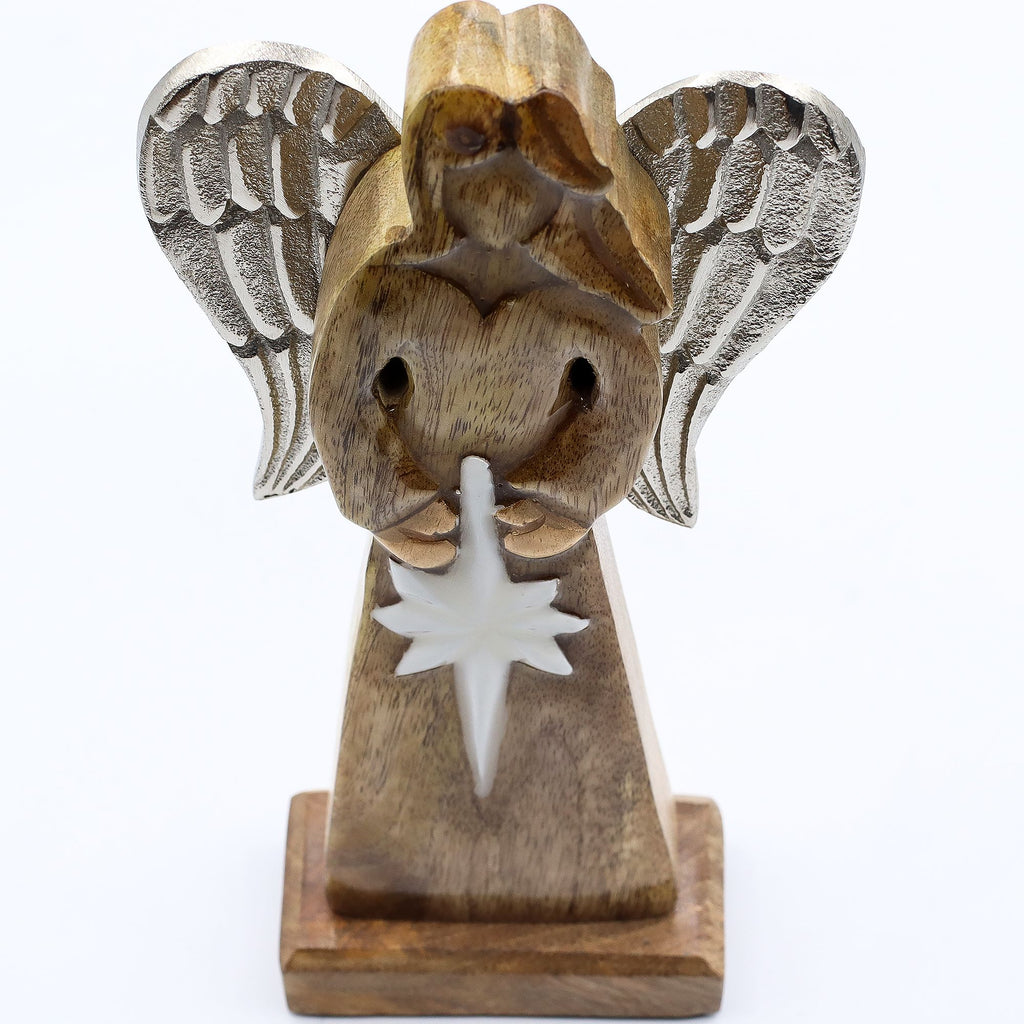 * Grand ange de la paix en bois de manguier 30 cm – Ailes en métal et détails émaillés