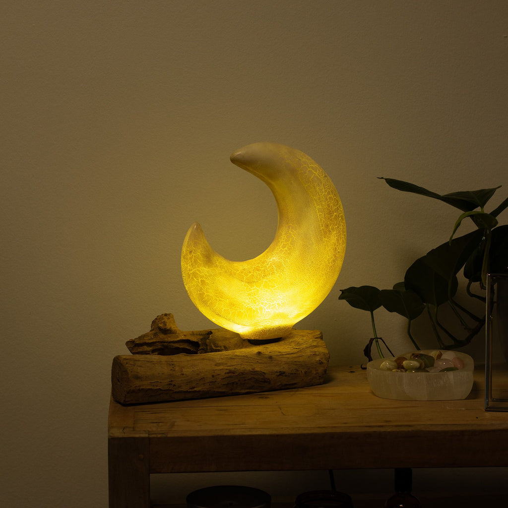 * Lampe DriftGlow – Abat-jour lune gris craquelé et pied en bois flotté