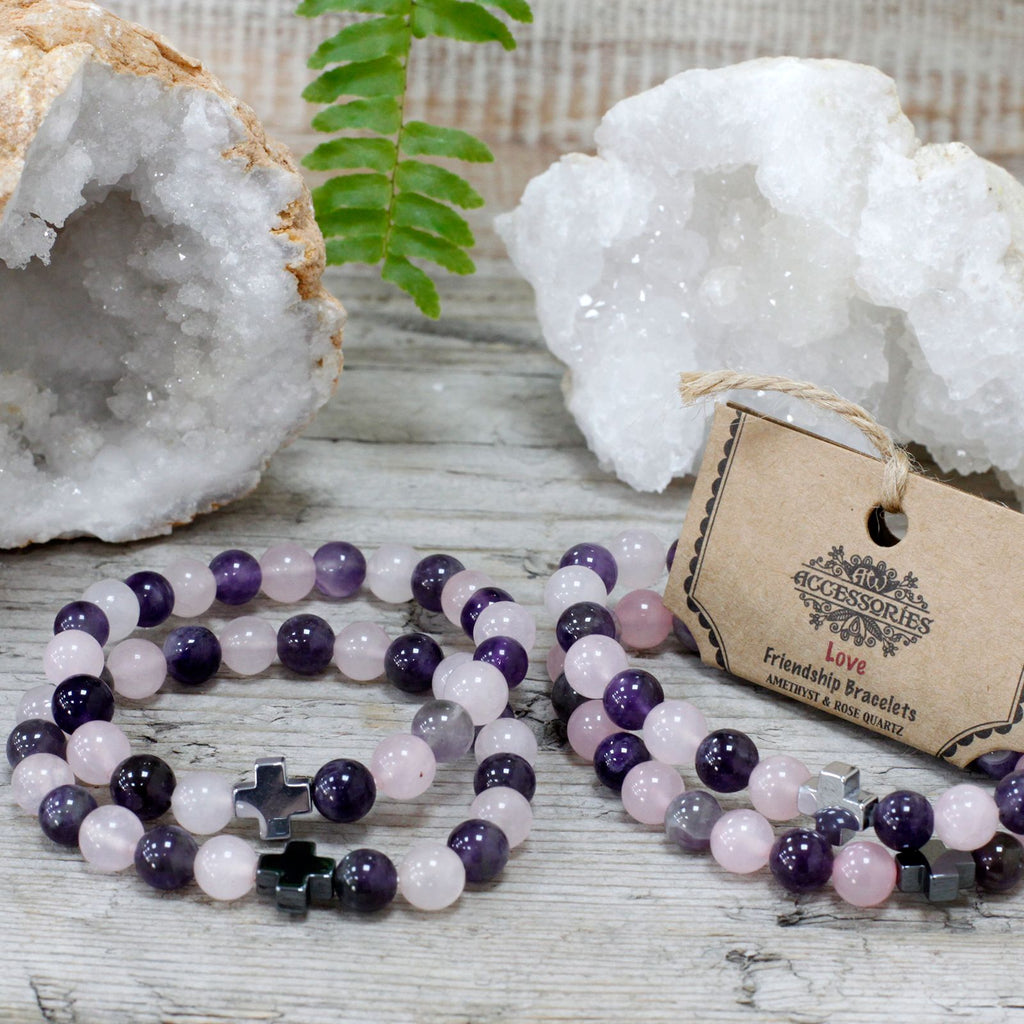Lot de 2 bracelets d’amitié « Amour » en améthyste et quartz rose