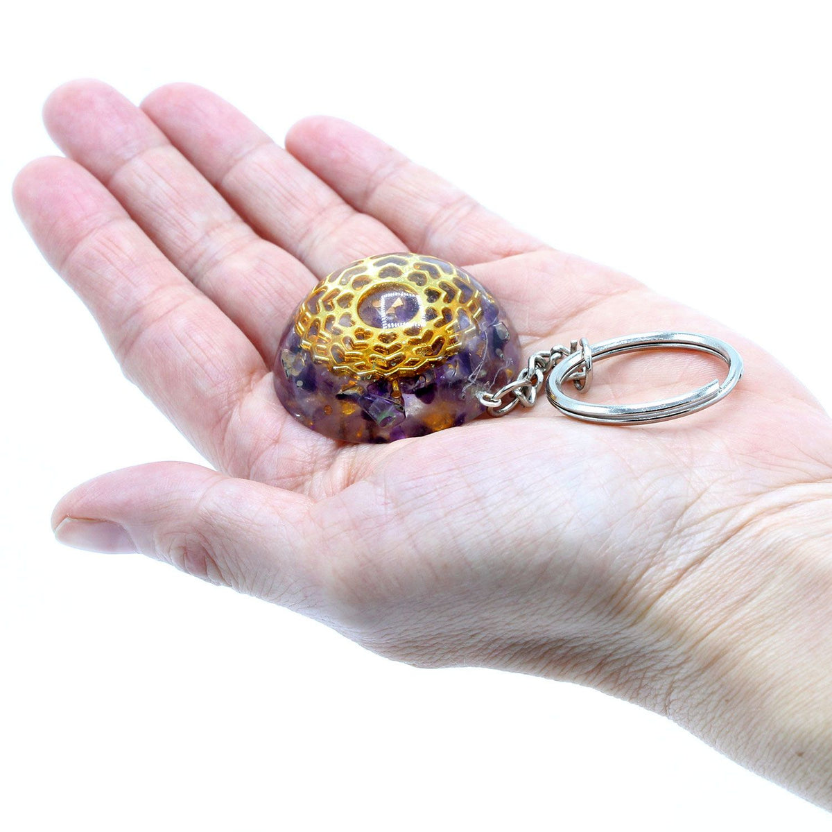 * Porte-clés en orgonite – Améthyste, mandala et cœurs