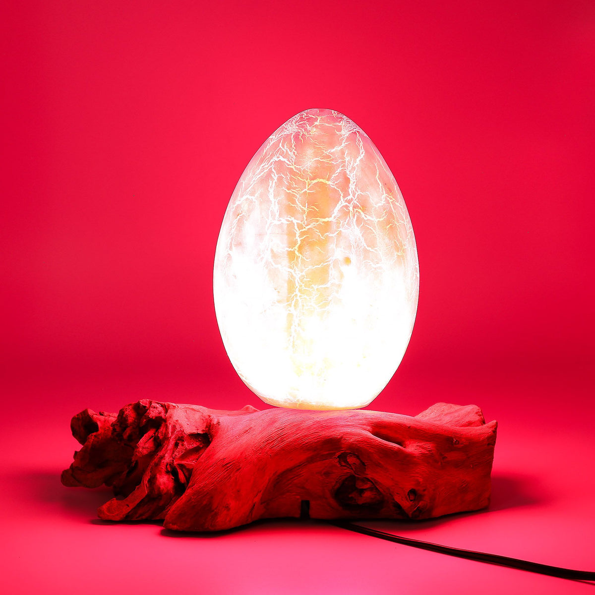 * Lampe DriftGlow Crackle Fire – Abat-jour œuf orange craquelé et pied en bois flotté