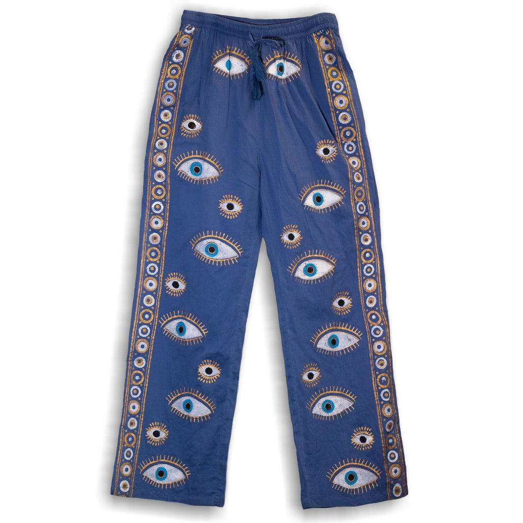 Pantalon Lounge Femme Bleu Roi & Œil Mauvais Œil Doré Peint à la Main – Collection Nomad Sari Méditerranée (L/XL)