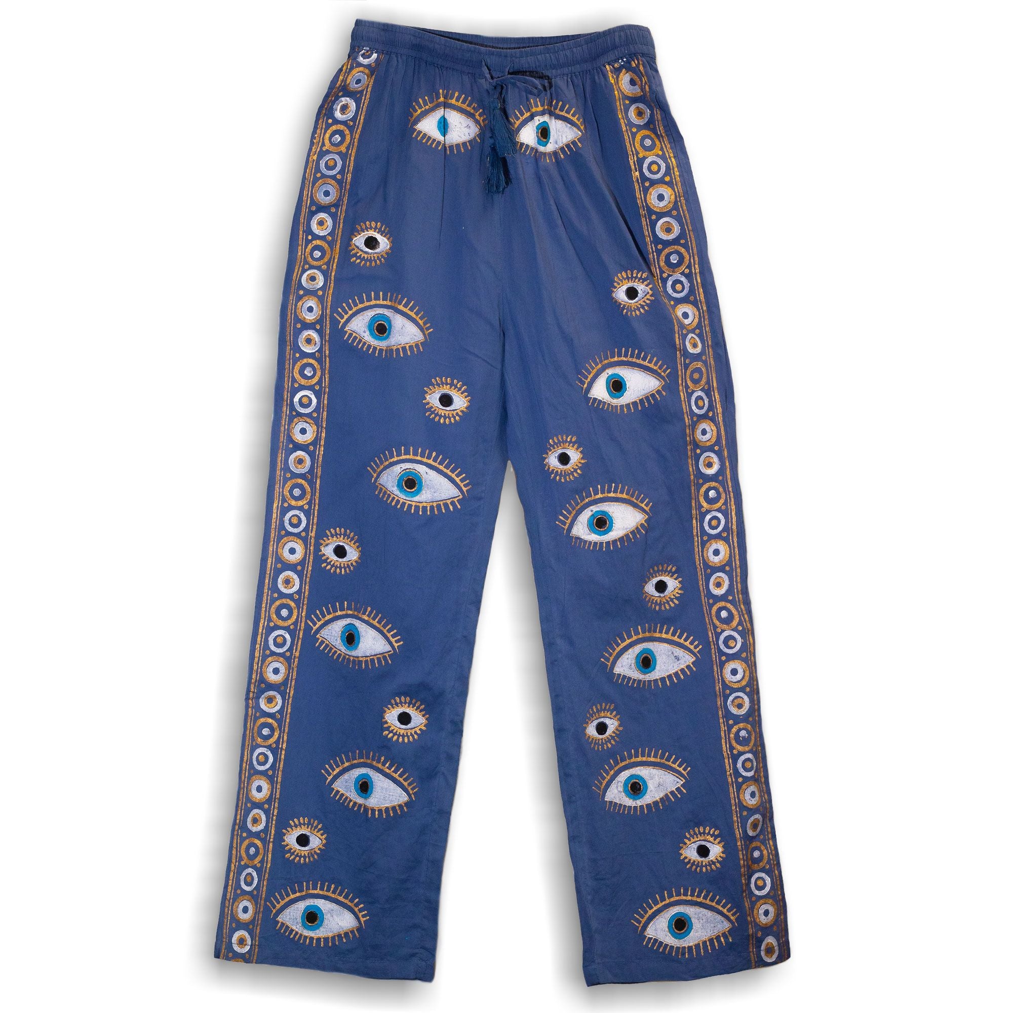 Pantalon Lounge Femme Bleu Roi & Œil Mauvais Œil Doré Peint à la Main – Collection Nomad Sari Méditerranée (L/XL)