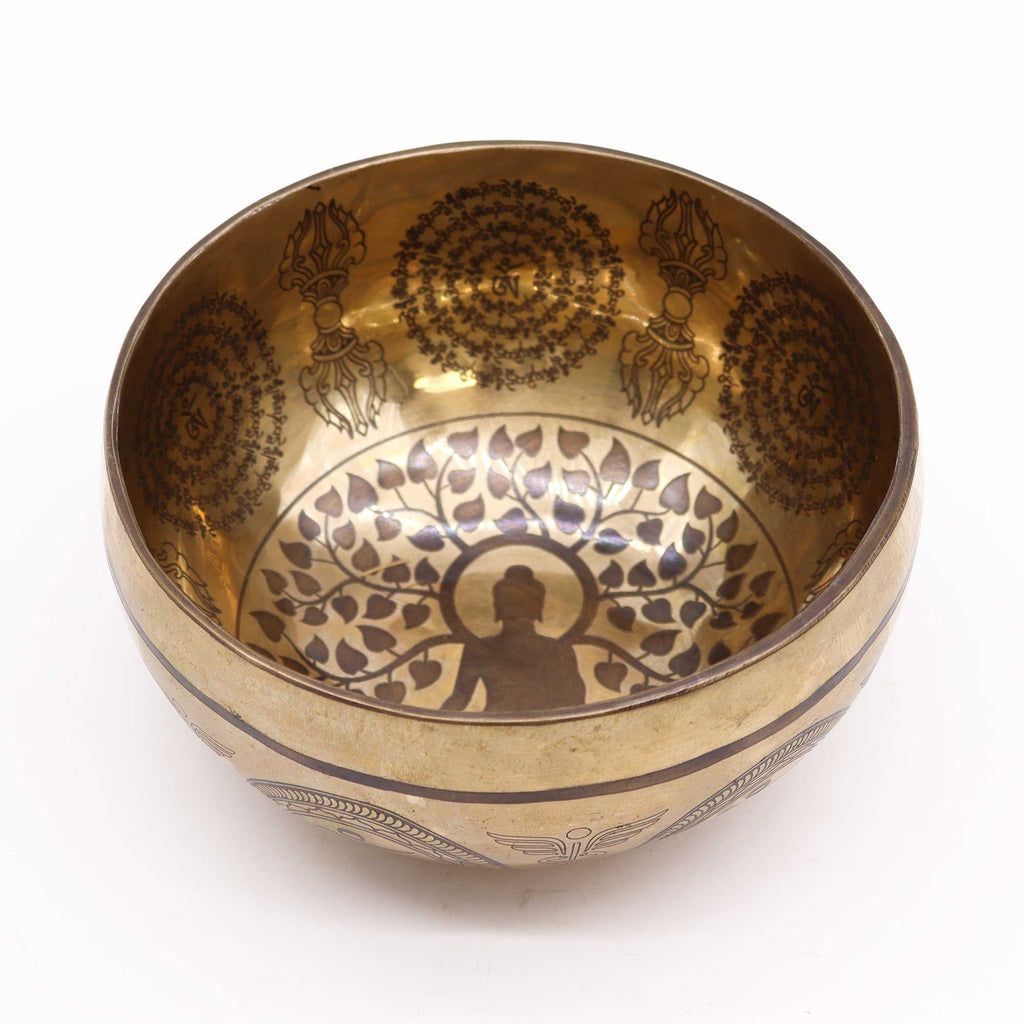 * Bol chantant tibétain gravé Bouddha et arbre de la Bodhi, 16 cm