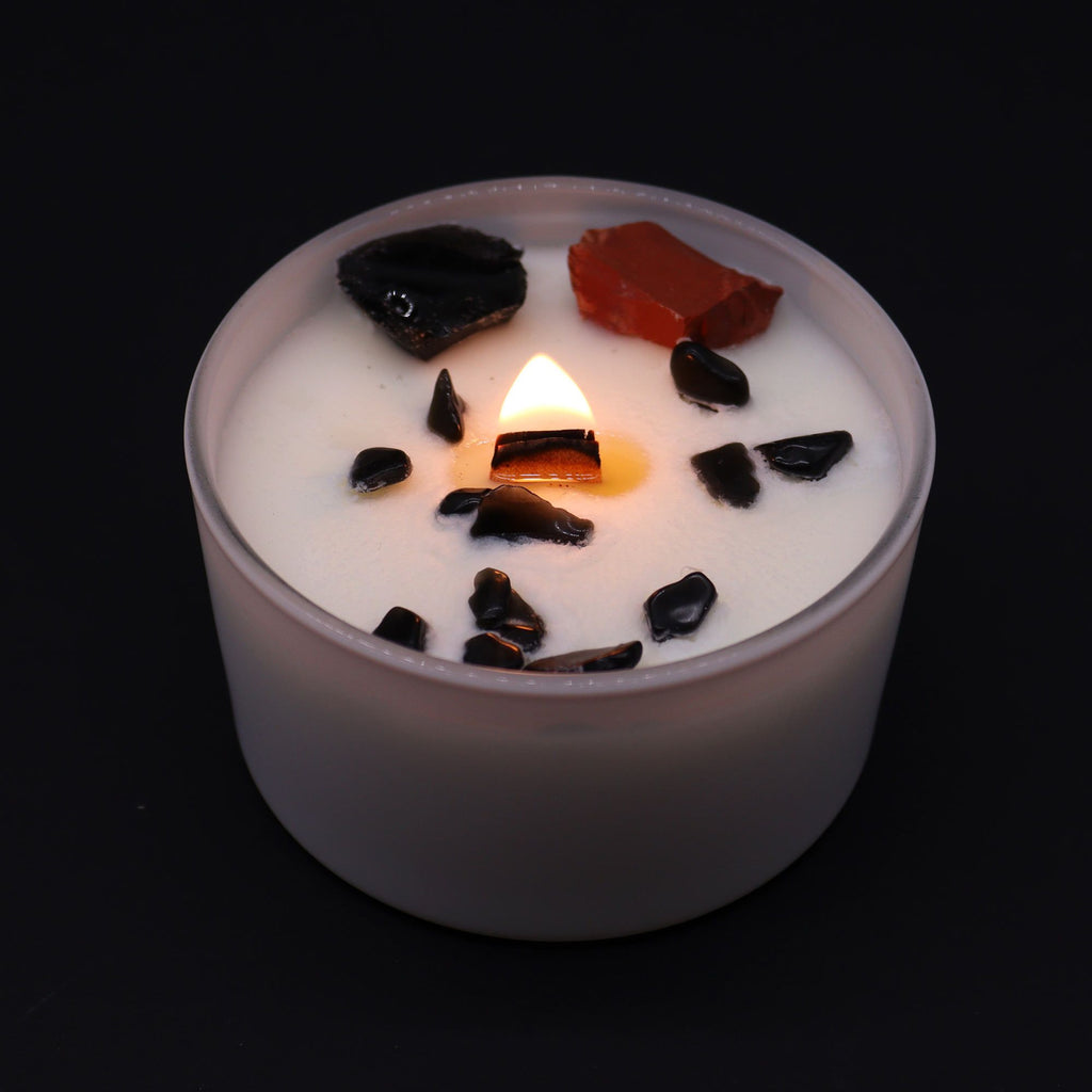 Bougie Cristal Chakra Racine – Jaspe Rouge & Agate Noire