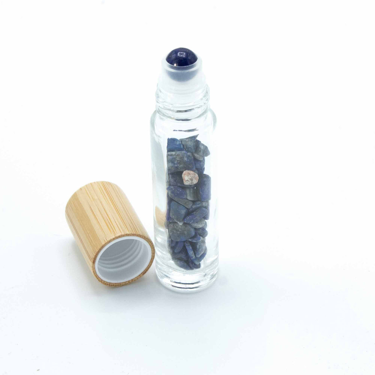 * Flacon roll-on pour huiles essentielles en sodalite – 5 ml, bouchon en bois et bille en sodalite