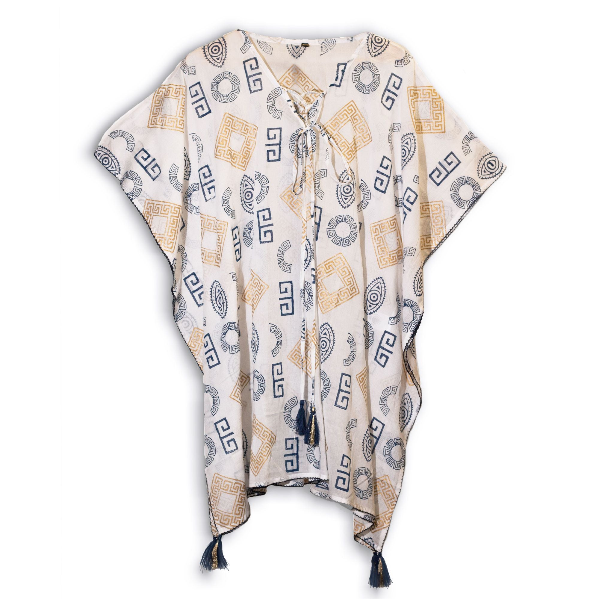 Kaftan Femme Motifs Grecs Or & Bleu Peint à la Main – Collection Nomad Sari Méditerranée