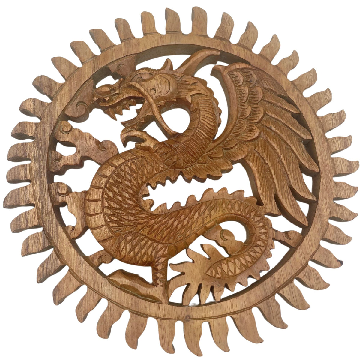 * Plaque décorative sculptée Dragon et Soleil ailé, 30 cm