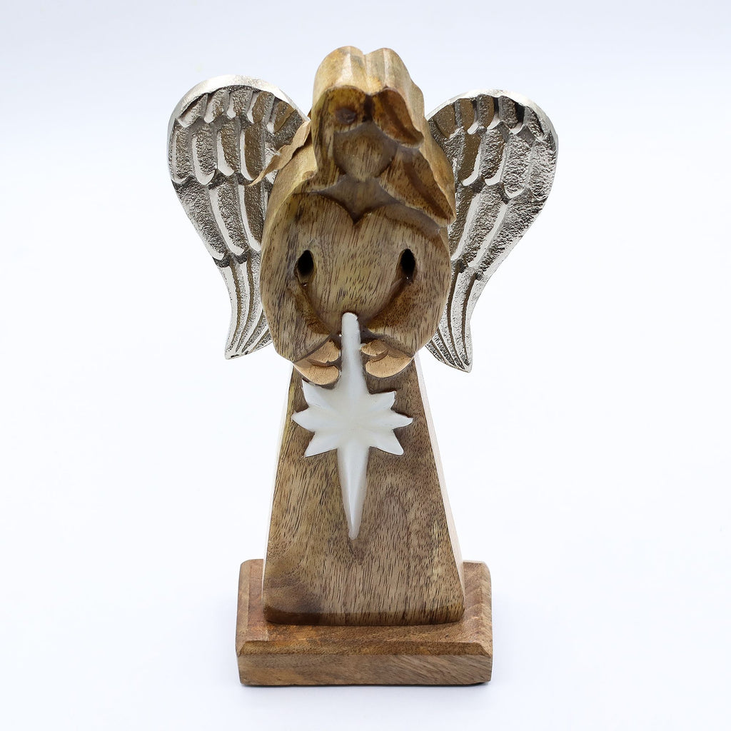 * Grand ange de la paix en bois de manguier 30 cm – Ailes en métal et détails émaillés