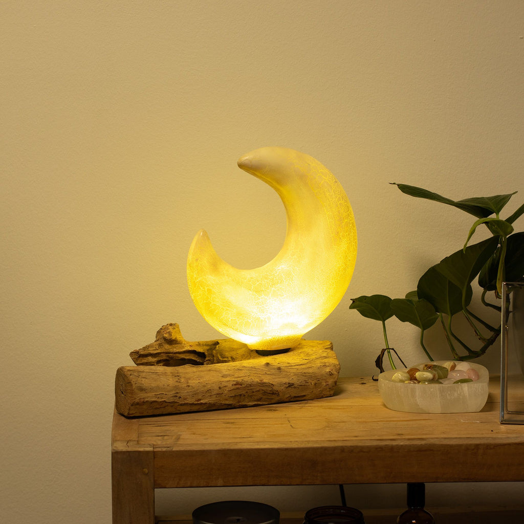* Lampe DriftGlow – Abat-jour lune gris craquelé et pied en bois flotté