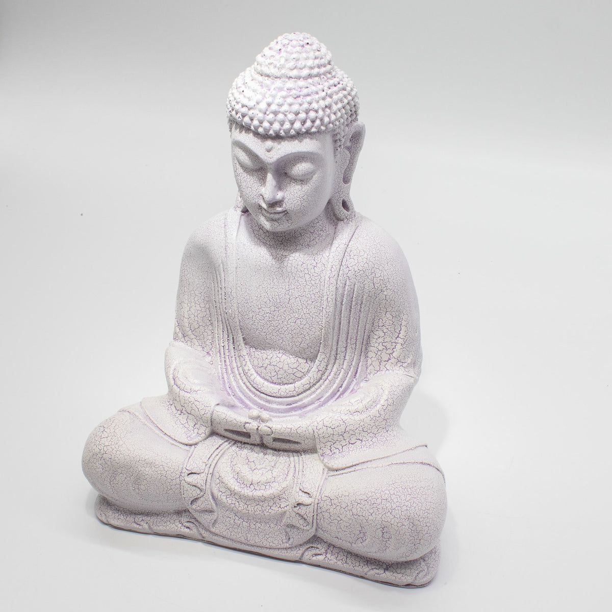 * Lampe Bouddha en méditation – Finition lavande craquelée et socle ovale