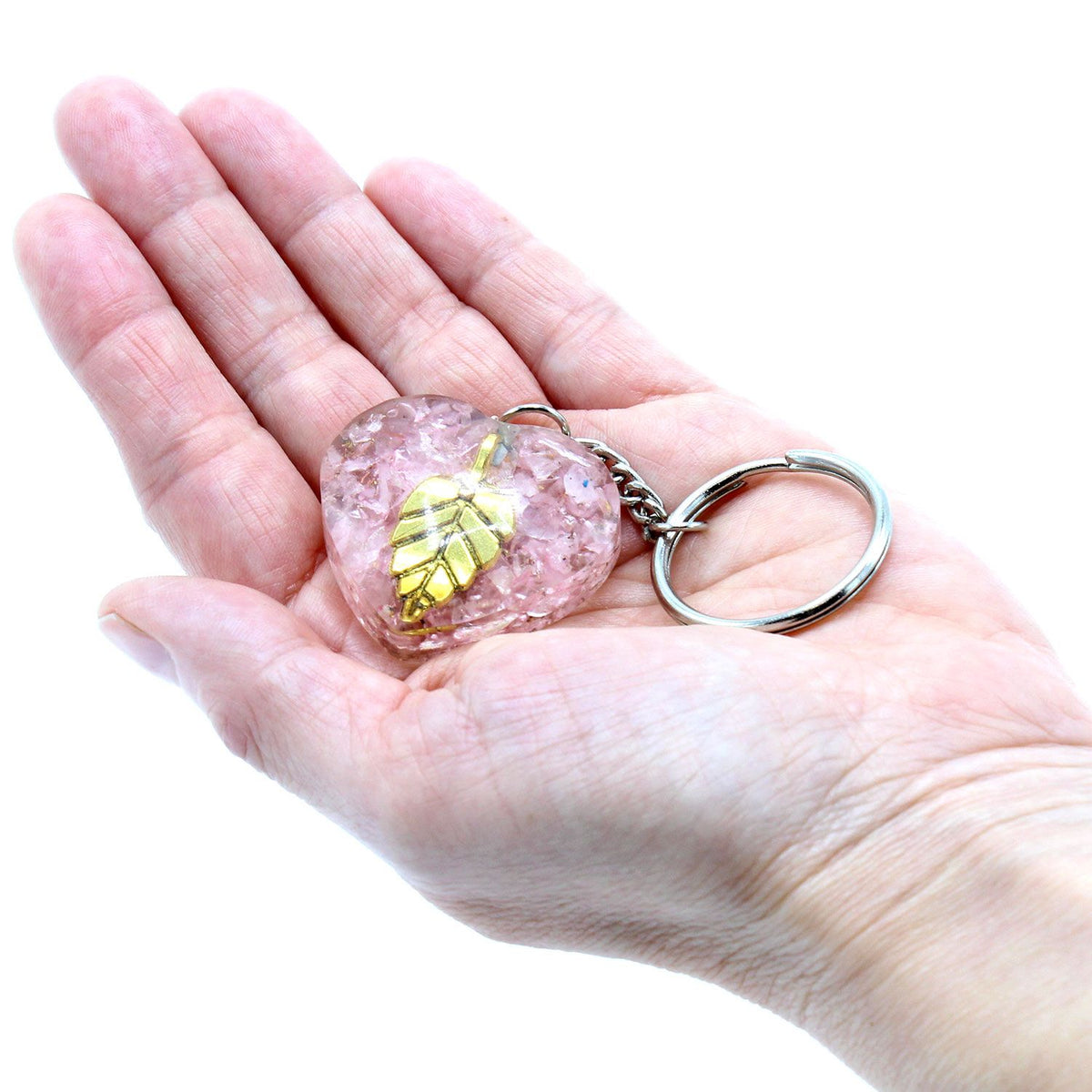 * Porte-clés en orgonite – Quartz rose, cœurs et feuille dorée