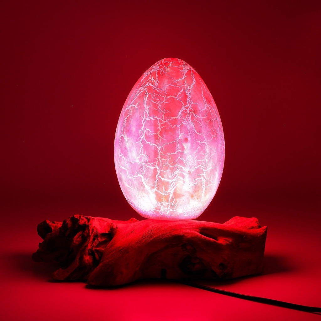 * Lampe DriftGlow Crackle Fire – Abat-jour œuf orange craquelé et pied en bois flotté