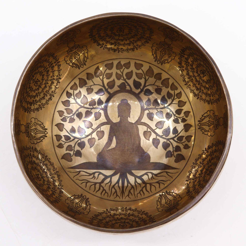 * Bol chantant tibétain gravé Bouddha et arbre de la Bodhi, 16 cm