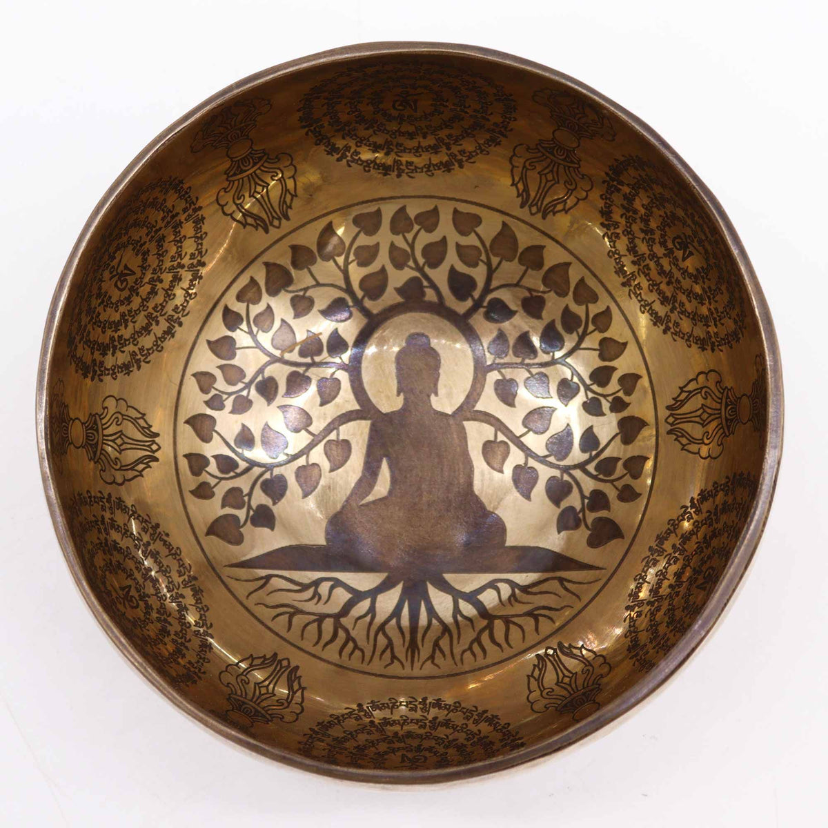 * Bol chantant tibétain gravé Bouddha et arbre de la Bodhi, 16 cm