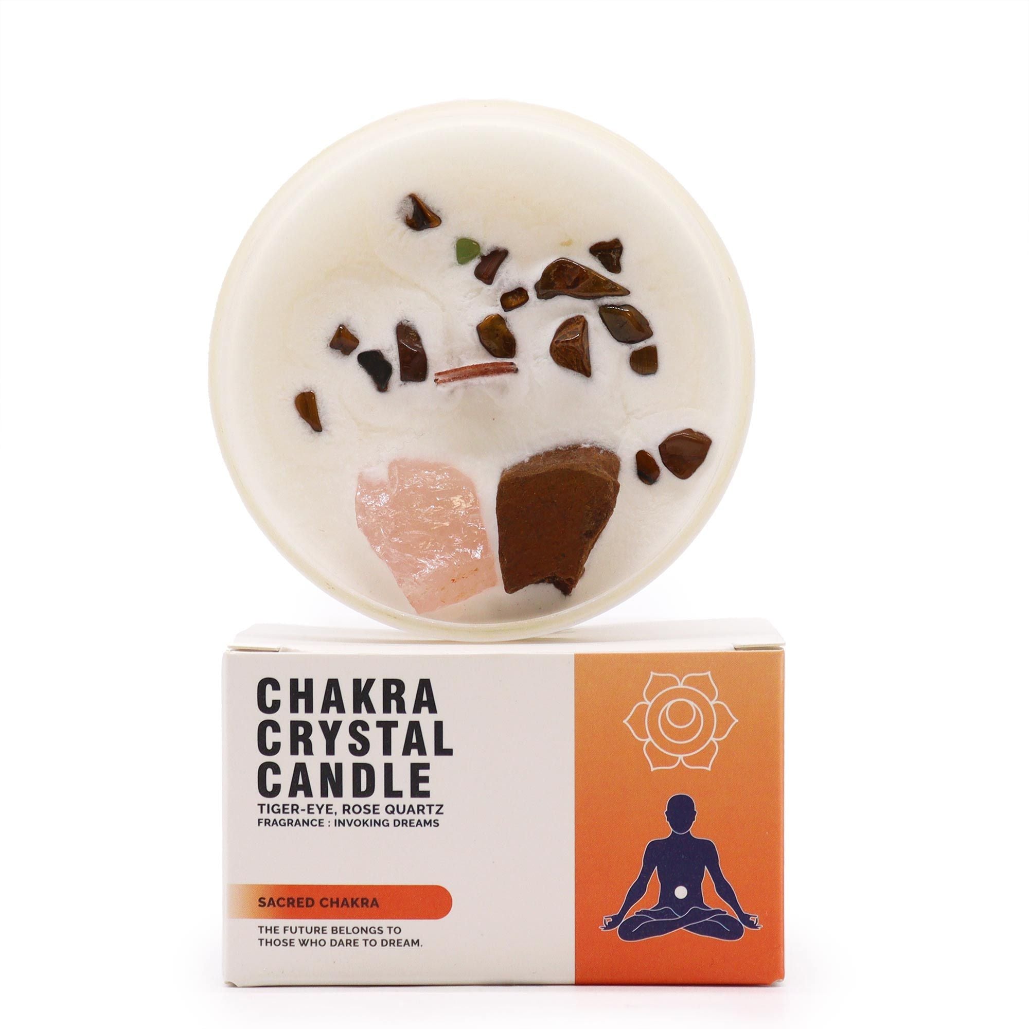 Bougie Cristal Chakra Sacral – Œil de Tigre & Quartz Rose